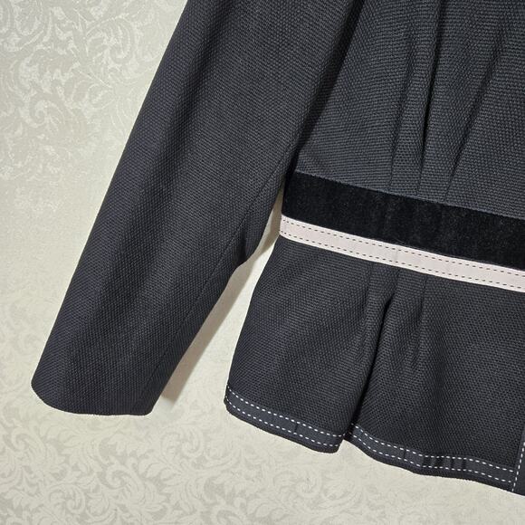 VTG Albert Nipon Suit Jacket 12 Black Cotton Snap Front Peplum Hem Velvet Ribbon - Picture 5 of 14